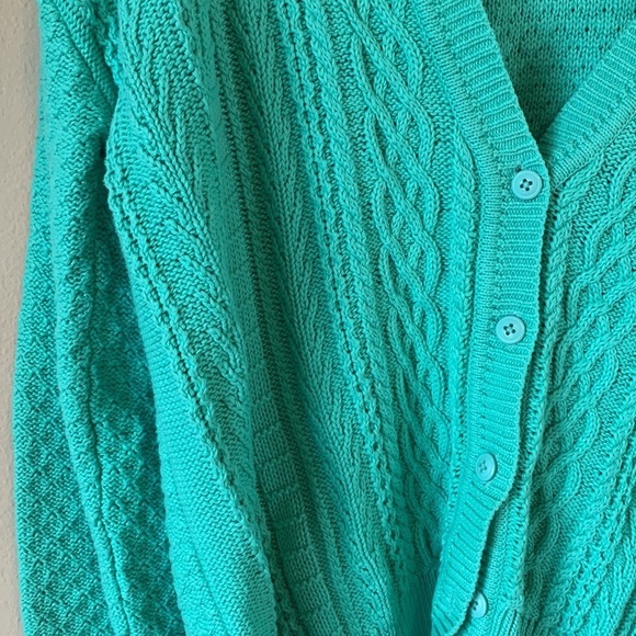 VTG Mint Green Cable Diamond Argyle Cotton Knit V Neck Grandpa Cardigan Women XL - Picture 7 of 12